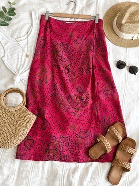 100% Silk Pink Paisley Skirt Size 18 Lined Statement Boho